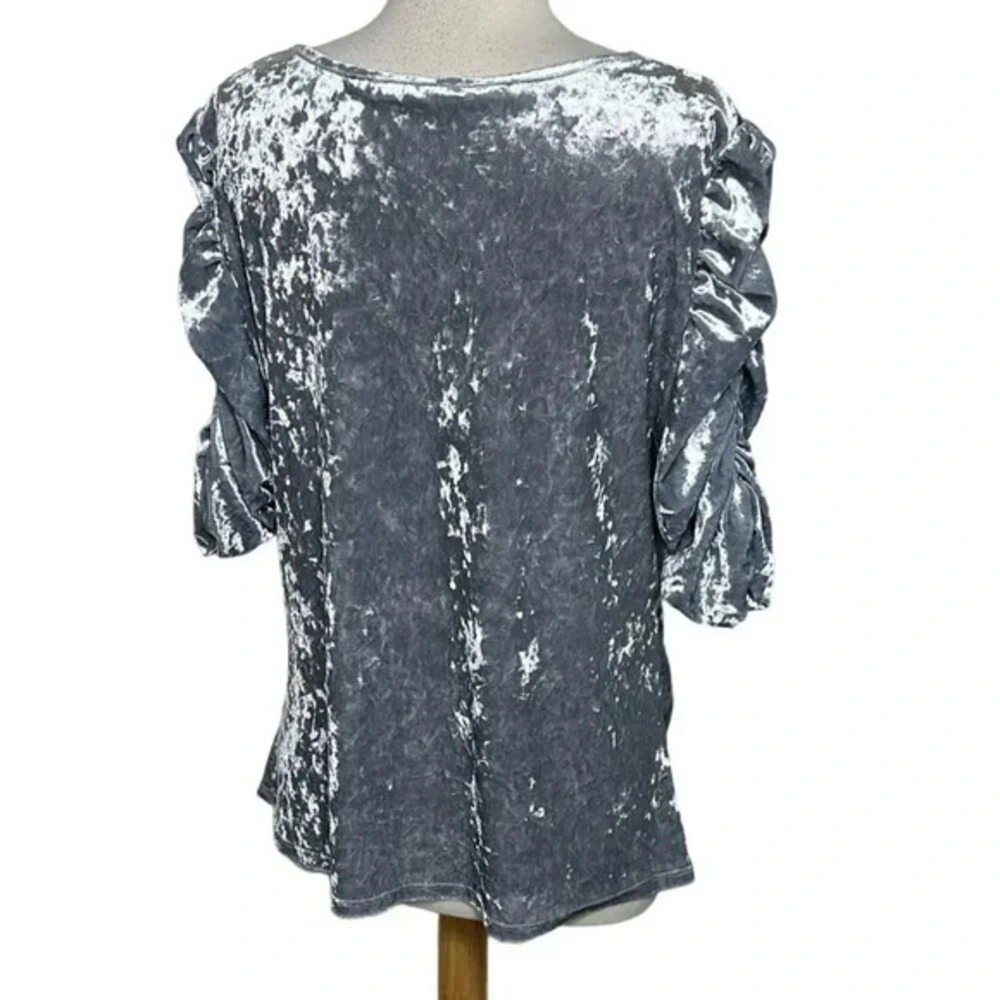 Boston Proper Top XL Silver Crushed Velvet Ruched Front Split Neck Elbow Sleeve - Picture 4 of 9